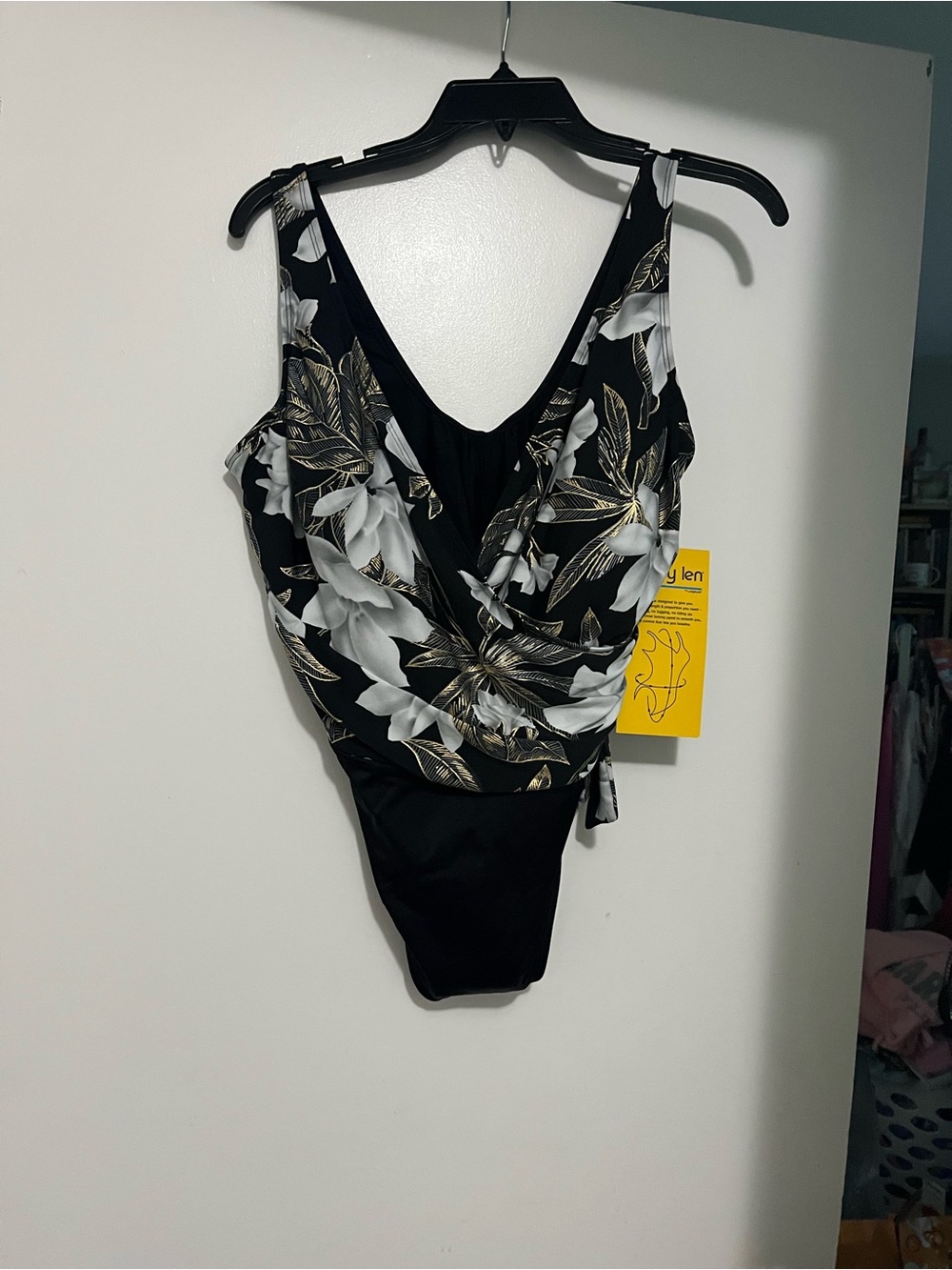 Black Floral One-Piece Swimsuit with Gold Leaf Accents